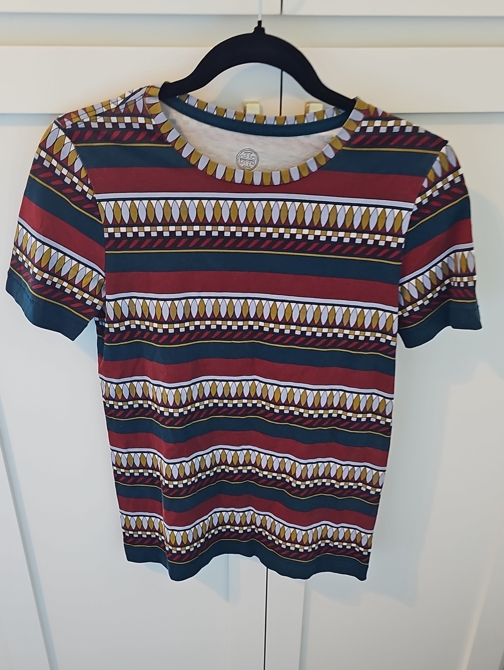 Tory Burch Striped Geometric Short Sleeve Tee in Burgundy, Navy & Mustard